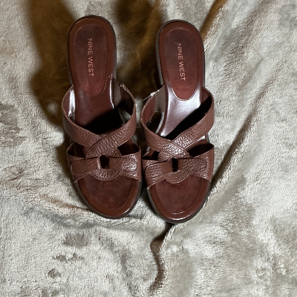 Nine West Brown Leather Crossover Slide Mules